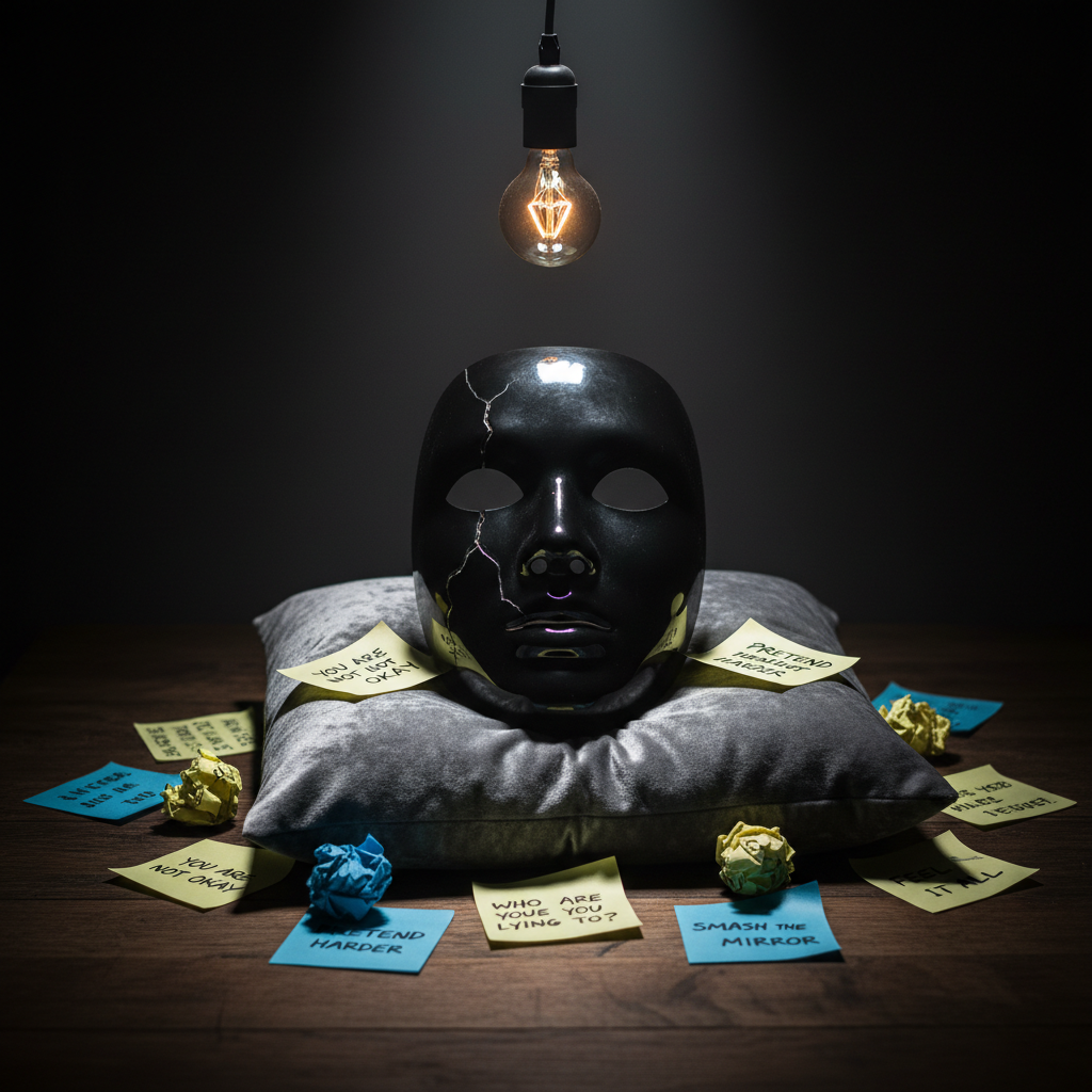 A glossy black porcelain mask with a visible hairline crack running from the eye to the cheek rests on a rumpled, ash-gray velvet cushion atop a dark wooden table. Surrounding it are scattered sticky notes with blunt, typed affirmations and harshly honest questions, some half-crumpled, others neatly squared. A single exposed-bulb desk lamp hangs overhead, casting intense, focused light that glints off the mask’s smooth surface while leaving the edges of the room in moody shadow. Captured in photographic realism from a slightly elevated angle, with a shallow depth of field keeping the mask and closest notes in crisp focus. The mood is dramatic and confrontational, symbolizing the shattering of polished façades in mental health conversations.