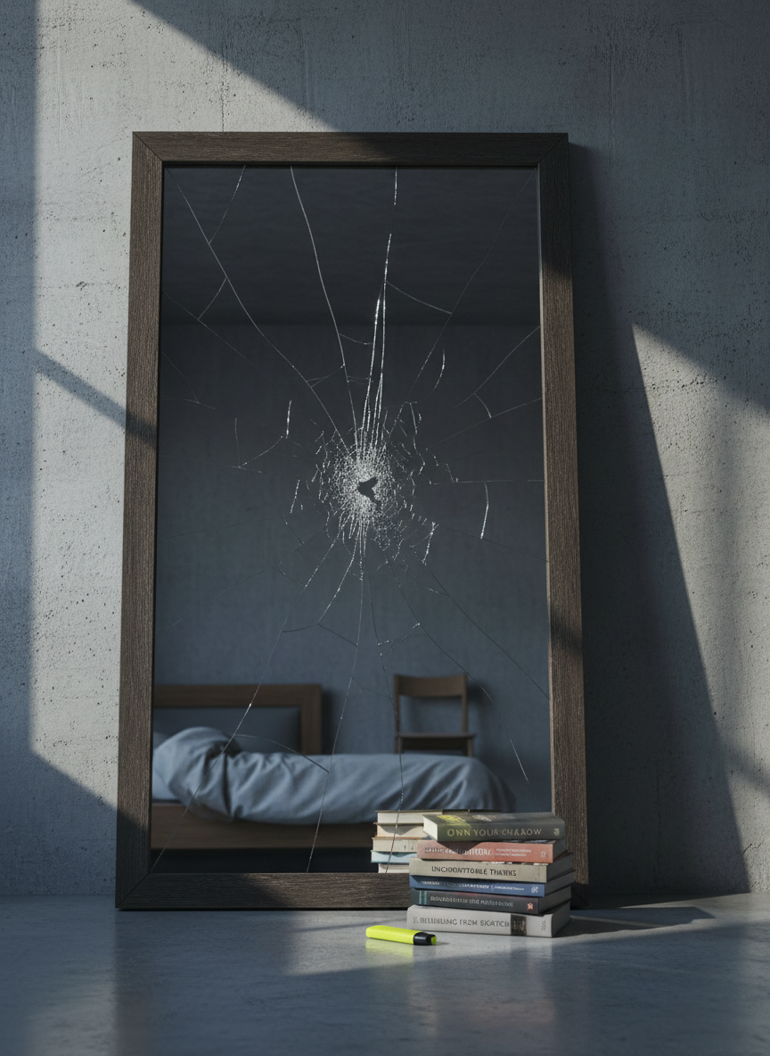 A large, shattered mirror leaning against a concrete wall, its fractured pieces still mostly held in the frame, reflecting a dimly lit, sparsely furnished room. On the floor before it lies a neatly stacked pile of self-help books, some with worn, bent covers, and a single bright yellow highlighter uncapped beside them. Cool, diffused window light from the side grazes the glass shards, creating sharp, crystalline highlights and deep wedge-shaped shadows on the wall. Photographic realism with a slightly low angle, using the rule of thirds to place the broken mirror off-center. The atmosphere feels bold and unflinching, suggesting hard truths about healing and the uncomfortable reflections that come with real mental health accountability.